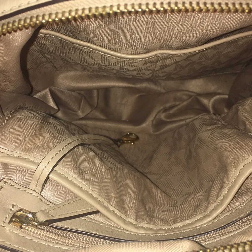 Michael Kors Rhea Backpack Beige Leather Gold Hardware Designer Bag